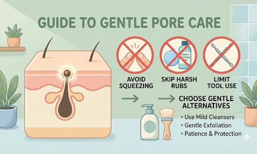 Illustrated guide showing gentle pore care tips, including avoiding squeezing, harsh scrubs, and sharp tools while recommending mild cleansing and gentle exfoliation.