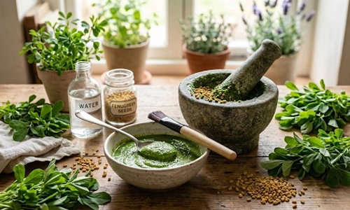 Fenugreek seed face mask with fresh herbs displayed beside a mortar and pestle.