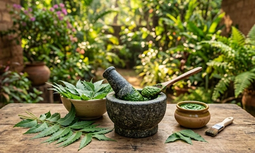 Fresh neem paste prepared with neem leaves using an ayurvedic grinding method at home.