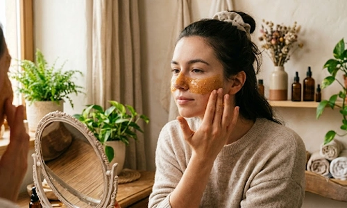 Woman applying honey to her face while looking in a mirror