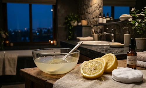 lemon juice and fresh lemon slices prepared to help remove blackheads as a Homemade remedy.