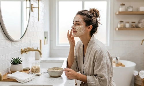 Woman applying an oatmeal face mask as a natural remedy to remove blackheads at home.