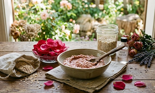 Rose and oatmeal face mask prepared with rose water as a natural remedy to remove blackheads at home.