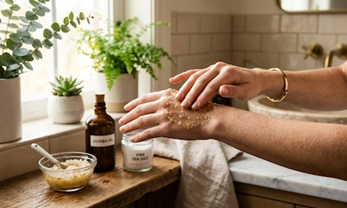 Person exfoliating their hands with a homemade salt or sugar scrub