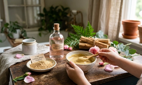 an image of hands preparing sandalwood face mask in an natural way for blackhead homemade remedy