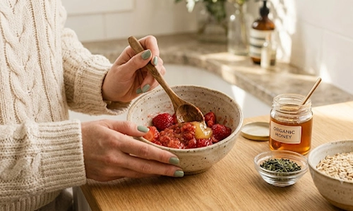 Strawberry, Honey and oatmeal face mask being prepared as a natural remedy to remove blackheads at home.