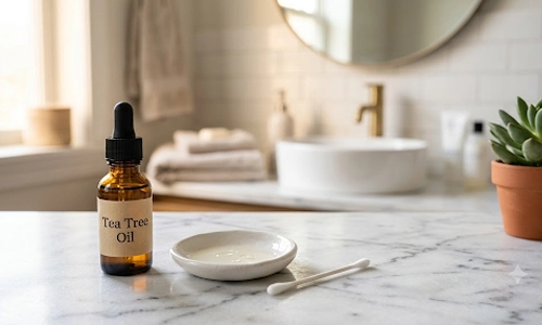 Bottle of tea tree oil with a cotton swab on a bathroom countertop