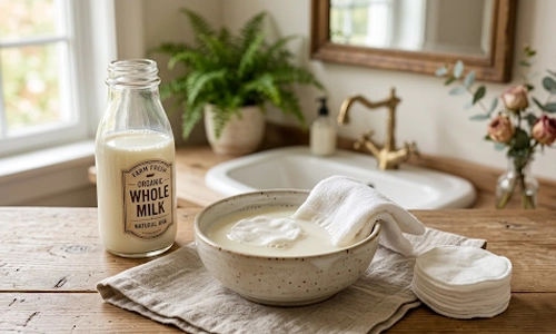 whole milk is in a bowl and dipped with white clean cloth in a bathroom tabletop.