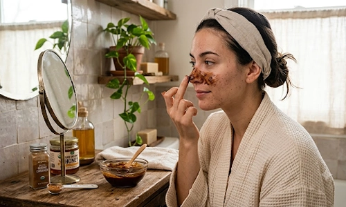 Woman applying a homemade honey face scrub during her natural skincare routine.