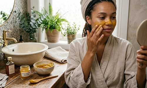 Woman applying a turmeric face mask as a natural remedy to remove blackheads at home.