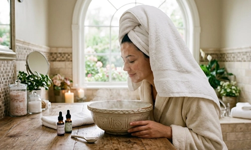 Woman with a towel wrapped around her head leaning over a steaming bowl in a bathroom.