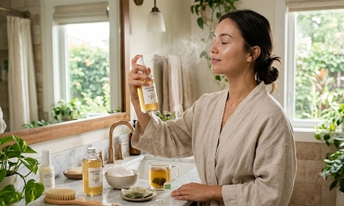 Woman spraying a green tea face mist during her skincare routine