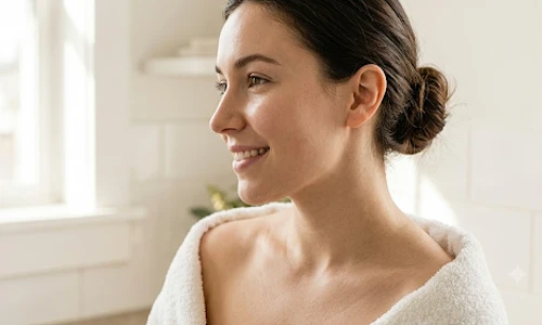 Woman with clear, healthy skin wrapped in a white towel