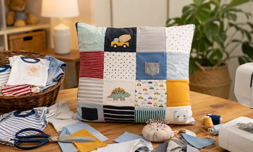 Handmade patchwork pillow created from baby clothes with sewing supplies on a table