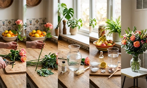 tips and tricks to extend teh life of flowers by trimming the stems and arranging them in water.