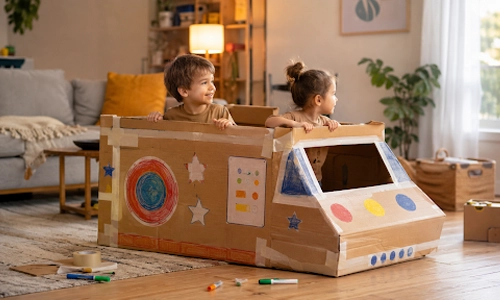 Two children playing in a handmade cardboard car decorated with colorful drawings at home