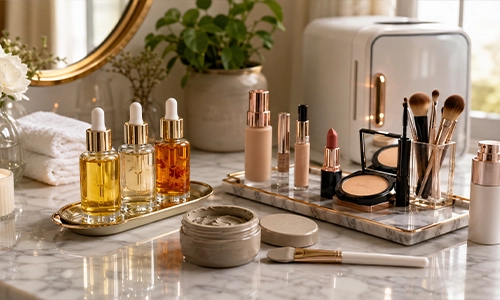 Liquid foundation, concealer, and lipstick stored on a vanity.