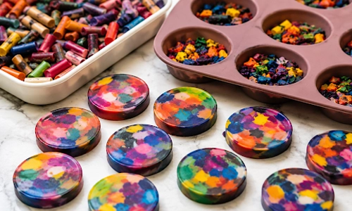 Colorful melted crayon art pieces made in a silicone mold beside broken crayons