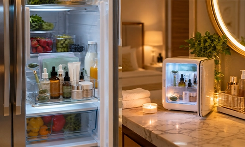 Small beauty fridge used to store select skin care products.