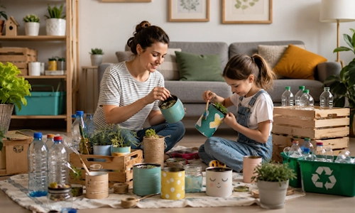 Parent and child making craft materials at home