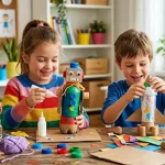 two kids were happily engaging in making crafts using cardboard boxes, colours, threads, bottle cap at home