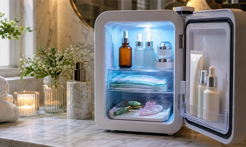 Vitamin C serum bottle stored in a refrigerator to keep it fresh.