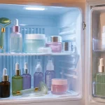 Skin care products arranged beside a small refrigerator